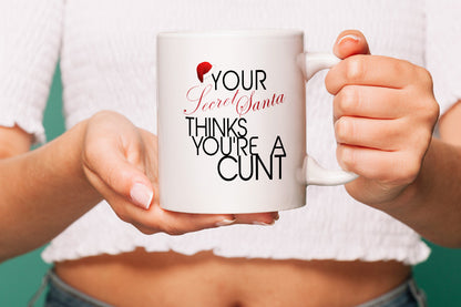 VIROSA Rude Secret Santa Mug – Your Secret Santa Thinks You’re a C*NT – Funny Office Gift for Coworkers, Friends, Him or Her – 11oz White Ceramic Coffee Cup – Sarcastic Xmas Present