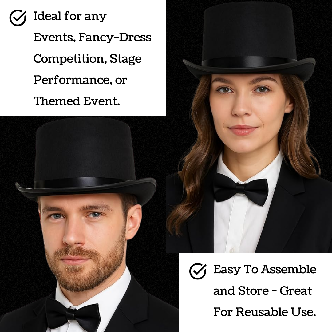 VIROSA Victorian Black Top Hat – Classic Fancy Dress Hat for Adults & Kids – Gentleman Costume Accessory for Parties, Halloween, Theatre & Role Play
