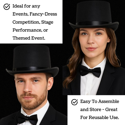 VIROSA Victorian Black Top Hat – Classic Fancy Dress Hat for Adults & Kids – Gentleman Costume Accessory for Parties, Halloween, Theatre & Role Play