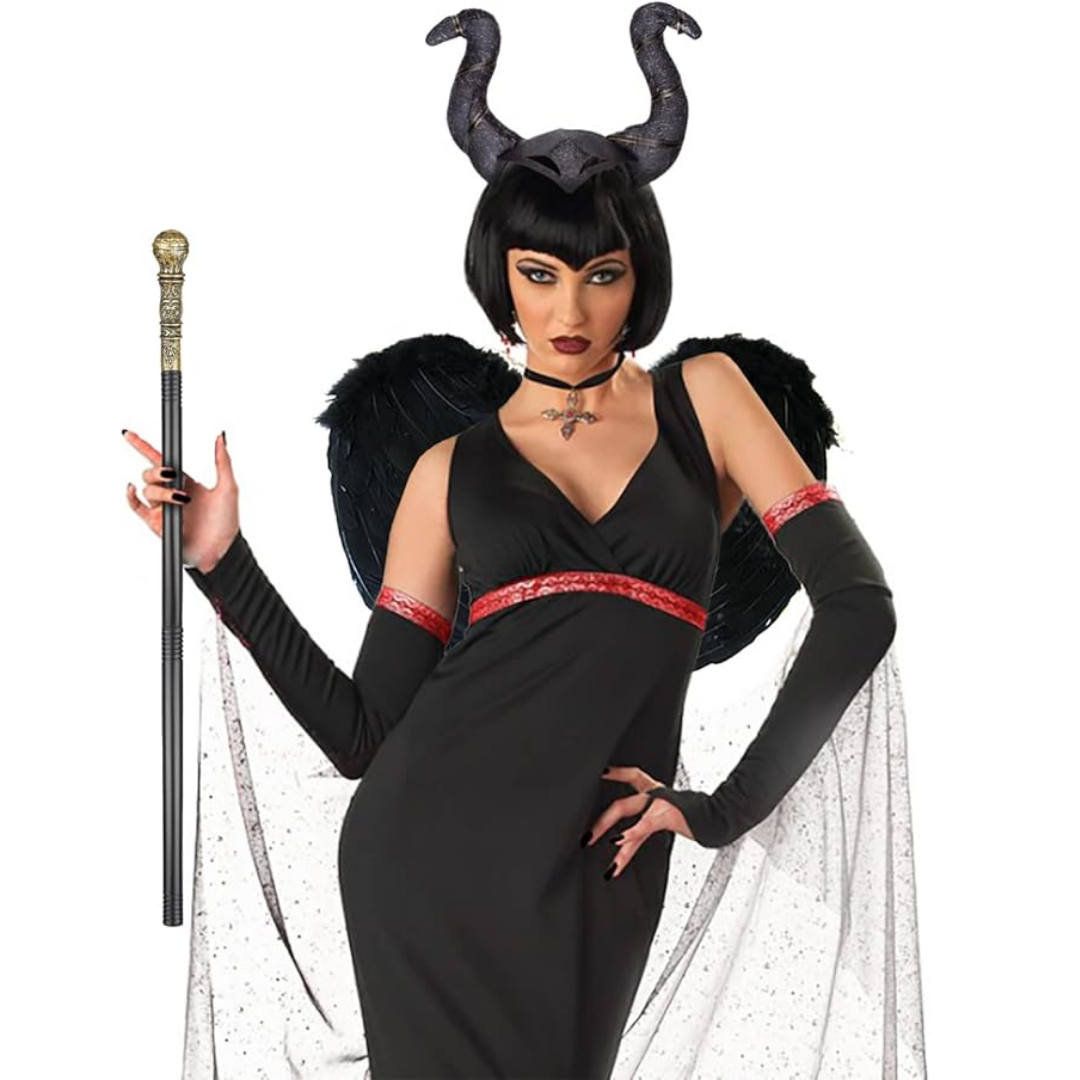VIROSA Evil Witch 3-Piece Costume Set – Includes Black Queen Horns, Red Apple & Staff | Halloween, Fancy Dress & World Book Day Outfit