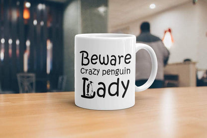 VIROSA Crazy Penguin Lady Mug – Funny Animal Lover Gift for Her – Penguin-Themed Sarcastic Coffee Cup – 11oz White Ceramic Mug