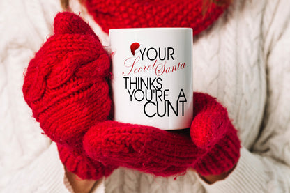 VIROSA Rude Secret Santa Mug – Your Secret Santa Thinks You’re a C*NT – Funny Office Gift for Coworkers, Friends, Him or Her – 11oz White Ceramic Coffee Cup – Sarcastic Xmas Present