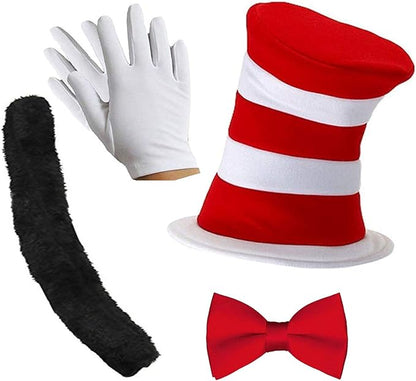 VIROSA Child Cat in the Hat 4-Piece Fancy Dress Set – Hat + Bow Tie + Gloves + Tail | Kids World Book Week, Halloween, Costume Party Accessory