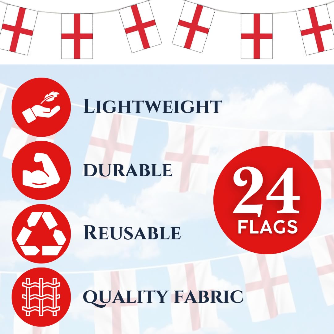 VIROSA St George Cross Flag Bunting – 10m / 33ft England Banner with 24 Large Flags – Durable Patriotic Decoration for World Cup, Sports Events, Parties & National Celebrations