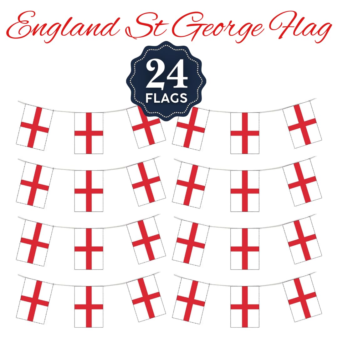 VIROSA St George Cross Flag Bunting – 10m / 33ft England Banner with 24 Large Flags – Durable Patriotic Decoration for World Cup, Sports Events, Parties & National Celebrations