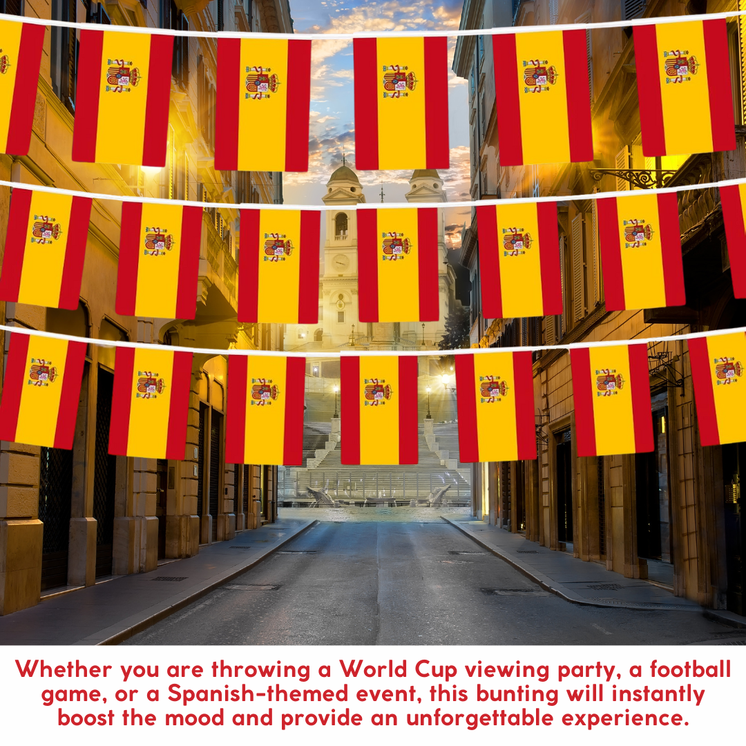 VIROSA Spain Flag Bunting – 10m / 33ft with 24 Flags – Durable Patriotic Decoration for Euro, World Cup, Festivals & Spanish National Celebrations