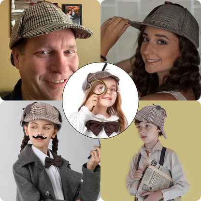 VIROSA Sherlock Holmes Fancy Dress 3pc Accessory Set – Deerstalker Hat + Magnifying Glass + Victorian Style Pipe – Detective Costume Kit for Adults or Kids
