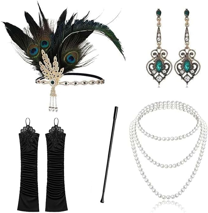VIROSA 1920s Flapper Costume Set for Women – Gatsby 5-Piece Kit with Feather Headband, Satin Gloves, Pearl Necklace, Earrings & Cigarette Holder – Charleston Fancy Dress Outfit