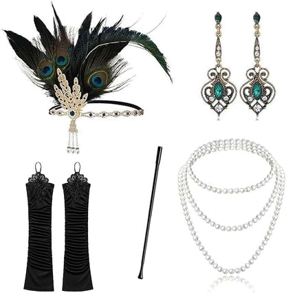 VIROSA 1920s Flapper Costume Set for Women – Gatsby 5-Piece Kit with Feather Headband, Satin Gloves, Pearl Necklace, Earrings & Cigarette Holder – Charleston Fancy Dress Outfit
