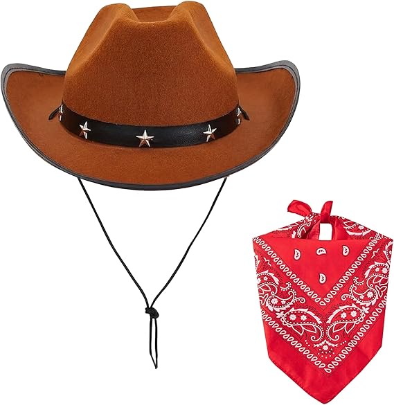 Cowboy Hats & Bandanas Set – 4 Piece Western Fancy Dress Costume Set for Adults – 2 Felt Cowboy Hats & 2 Paisley Cotton Bandanas – Festival, Halloween & Country Party Accessories