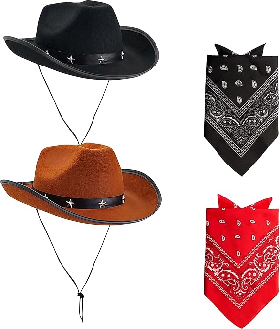 Cowboy Hats & Bandanas Set – 4 Piece Western Fancy Dress Costume Set for Adults – 2 Felt Cowboy Hats & 2 Paisley Cotton Bandanas – Festival, Halloween & Country Party Accessories