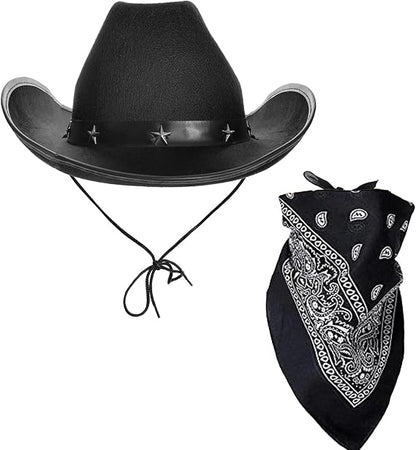 Cowboy Hats & Bandanas Set – 4 Piece Western Fancy Dress Costume Set for Adults – 2 Felt Cowboy Hats & 2 Paisley Cotton Bandanas – Festival, Halloween & Country Party Accessories