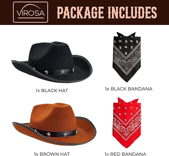 Cowboy Hats & Bandanas Set – 4 Piece Western Fancy Dress Costume Set for Adults – 2 Felt Cowboy Hats & 2 Paisley Cotton Bandanas – Festival, Halloween & Country Party Accessories