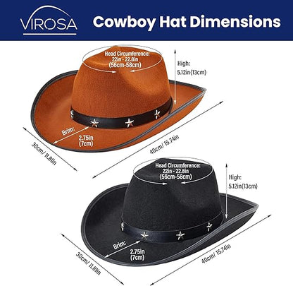Cowboy Hats & Bandanas Set – 4 Piece Western Fancy Dress Costume Set for Adults – 2 Felt Cowboy Hats & 2 Paisley Cotton Bandanas – Festival, Halloween & Country Party Accessories