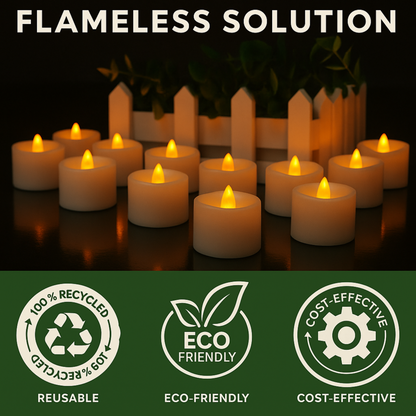 VIROSA Pack of 24 LED Wave Design Tea Light Candles – Flameless, Realistic Cool White Flickering Lights – 3cm x 3cm – Battery Operated – Energy Class A