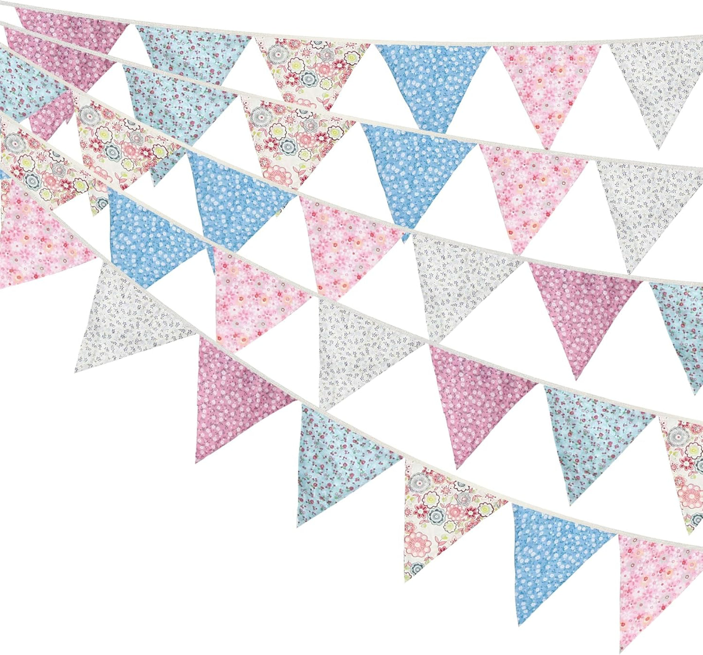Grassvillage 3.2m Vintage Floral Fabric Bunting – Double-Sided Cotton Pennant Banner, Shabby Chic Garland for Garden Parties, Weddings & Afternoon Tea Decor UK