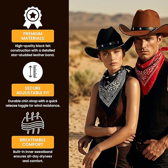 Cowboy Hats & Bandanas Set – 4 Piece Western Fancy Dress Costume Set for Adults – 2 Felt Cowboy Hats & 2 Paisley Cotton Bandanas – Festival, Halloween & Country Party Accessories