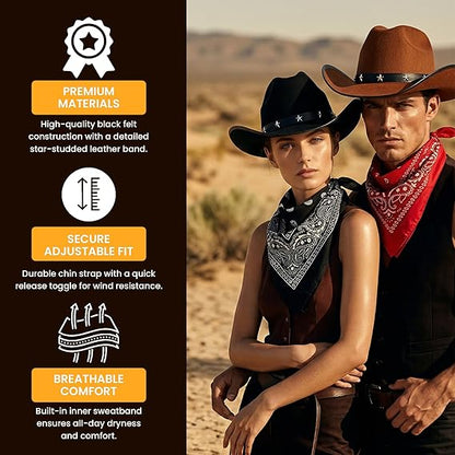 Cowboy Hats & Bandanas Set – 4 Piece Western Fancy Dress Costume Set for Adults – 2 Felt Cowboy Hats & 2 Paisley Cotton Bandanas – Festival, Halloween & Country Party Accessories