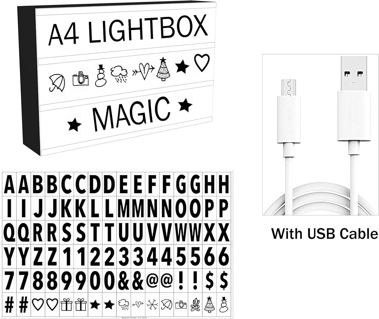 VIROSA Cinema LED Light Box Sign – A4 Marquee Lightbox Set with 96 Letters, Numbers & Emojis – USB Powered – Stylish Decorative Light Up Box for Home, Bars, Photoshoots & Gifts