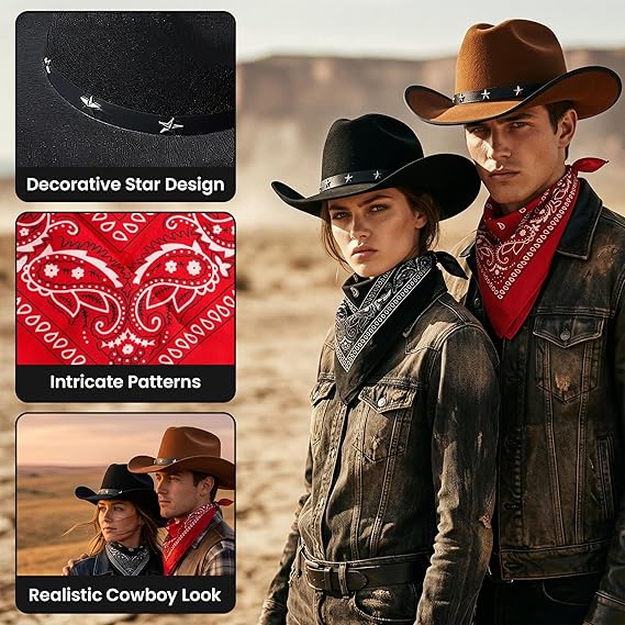 Cowboy Hats & Bandanas Set – 4 Piece Western Fancy Dress Costume Set for Adults – 2 Felt Cowboy Hats & 2 Paisley Cotton Bandanas – Festival, Halloween & Country Party Accessories