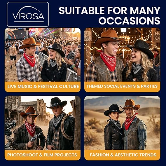 Cowboy Hats & Bandanas Set – 4 Piece Western Fancy Dress Costume Set for Adults – 2 Felt Cowboy Hats & 2 Paisley Cotton Bandanas – Festival, Halloween & Country Party Accessories