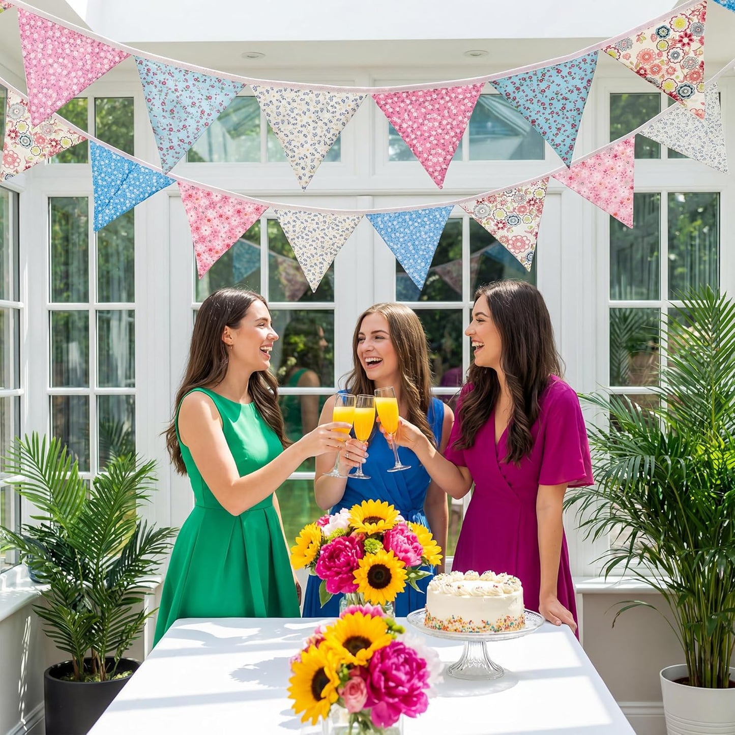 Grassvillage 3.2m Vintage Floral Fabric Bunting – Double-Sided Cotton Pennant Banner, Shabby Chic Garland for Garden Parties, Weddings & Afternoon Tea Decor UK