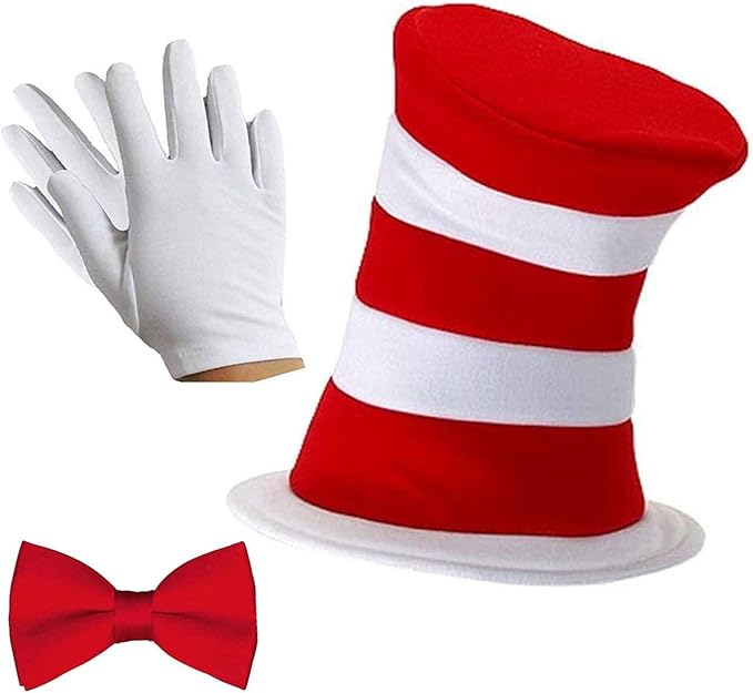 VIROSA Adult Cat in the Hat 3-Piece Fancy Dress Set – Red & White Striped Hat, Bow Tie & Gloves | Book Day, Costume Party Accessory