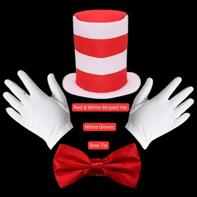 VIROSA Adult Cat in the Hat 3-Piece Fancy Dress Set – Red & White Striped Hat, Bow Tie & Gloves | Book Day, Costume Party Accessory