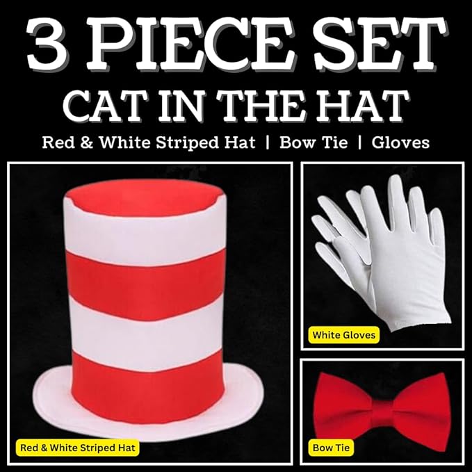 VIROSA Adult Cat in the Hat 3-Piece Fancy Dress Set – Red & White Striped Hat, Bow Tie & Gloves | Book Day, Costume Party Accessory