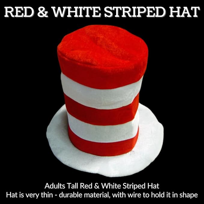 VIROSA Adult Cat in the Hat 3-Piece Fancy Dress Set – Red & White Striped Hat, Bow Tie & Gloves | Book Day, Costume Party Accessory