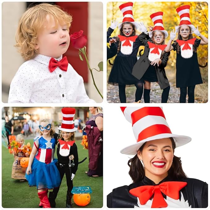 VIROSA Adult Cat in the Hat 3-Piece Fancy Dress Set – Red & White Striped Hat, Bow Tie & Gloves | Book Day, Costume Party Accessory