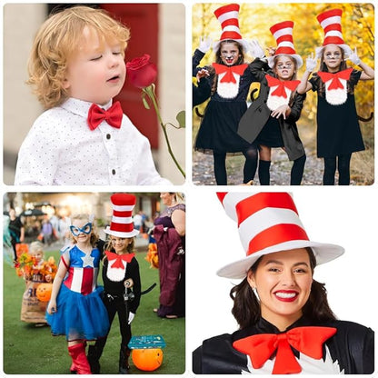 VIROSA Adult Cat in the Hat 3-Piece Fancy Dress Set – Red & White Striped Hat, Bow Tie & Gloves | Book Day, Costume Party Accessory