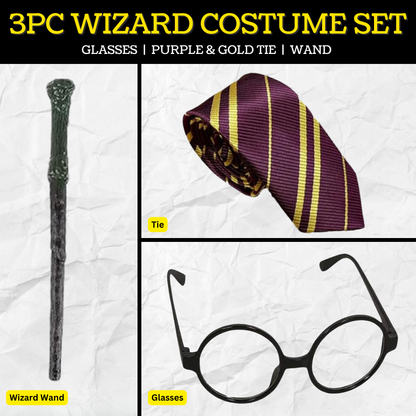 VIROSA Wizard School Boy 3pc Fancy Dress Set – Includes Tie, Glasses & Wand – Kids Magician Costume for World Book Day, Halloween, Parties & School Events – Unisex Cosplay Outfit