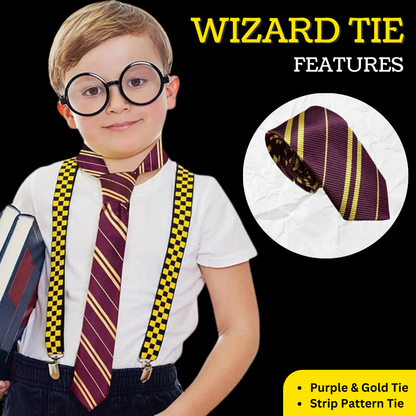 VIROSA Wizard School Boy 3pc Fancy Dress Set – Includes Tie, Glasses & Wand – Kids Magician Costume for World Book Day, Halloween, Parties & School Events – Unisex Cosplay Outfit