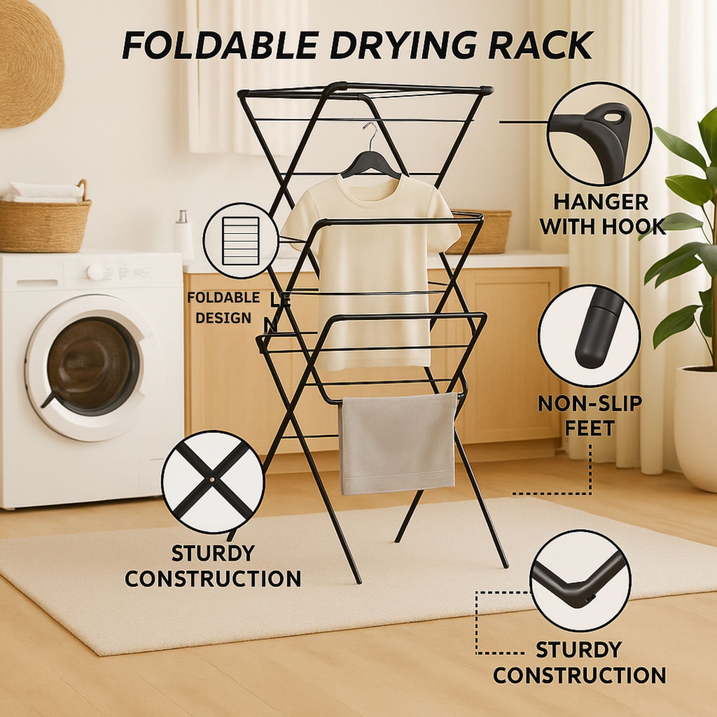 VIROSA 3 Tier Clothes Airer Drying Rack – Foldable Indoor & Outdoor Laundry Stand with Non-Slip Feet & Hanger Corners – Lightweight Space-Saving Design – 63 x 46 x 138cm – Black