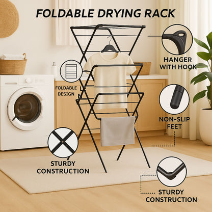 VIROSA 3 Tier Clothes Airer Drying Rack – Foldable Indoor & Outdoor Laundry Stand with Non-Slip Feet & Hanger Corners – Lightweight Space-Saving Design – 63 x 46 x 138cm – Black