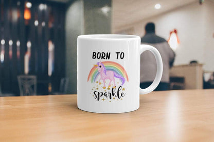 VIROSA Born to Sparkle Unicorn Mug – Cute and Funny Coffee Cup Gift for Girls, Teens, Women, Friends – Magical Birthday or Present – 11oz White Ceramic Mug with Unicorn Design