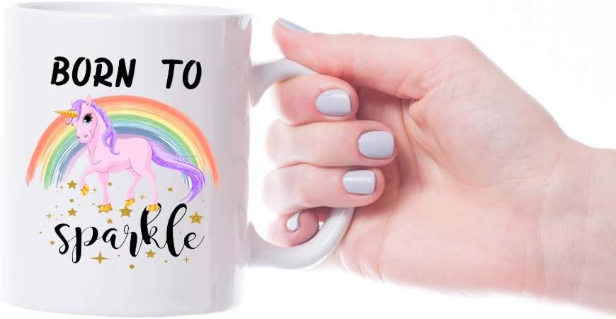 VIROSA Born to Sparkle Unicorn Mug – Cute and Funny Coffee Cup Gift for Girls, Teens, Women, Friends – Magical Birthday or Present – 11oz White Ceramic Mug with Unicorn Design