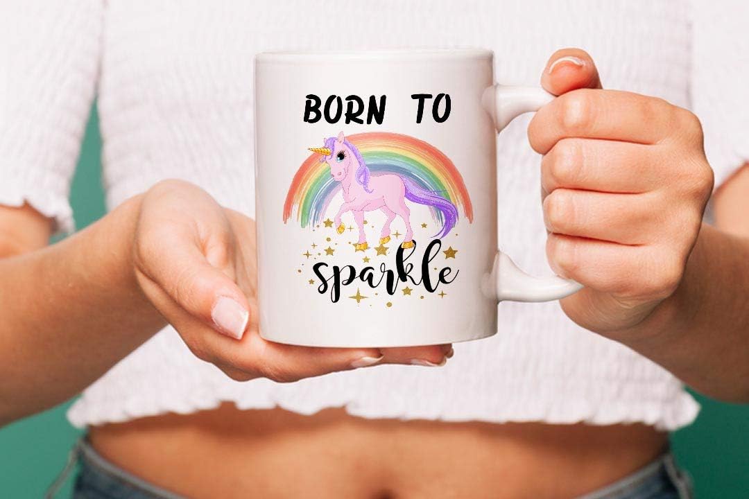 VIROSA Born to Sparkle Unicorn Mug – Cute and Funny Coffee Cup Gift for Girls, Teens, Women, Friends – Magical Birthday or Present – 11oz White Ceramic Mug with Unicorn Design
