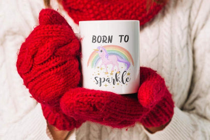 VIROSA Born to Sparkle Unicorn Mug – Cute and Funny Coffee Cup Gift for Girls, Teens, Women, Friends – Magical Birthday or Present – 11oz White Ceramic Mug with Unicorn Design