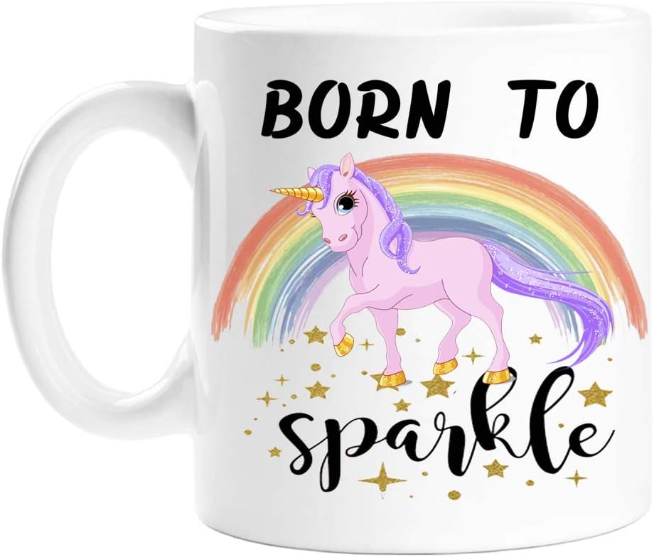 VIROSA Born to Sparkle Unicorn Mug – Cute and Funny Coffee Cup Gift for Girls, Teens, Women, Friends – Magical Birthday or Present – 11oz White Ceramic Mug with Unicorn Design