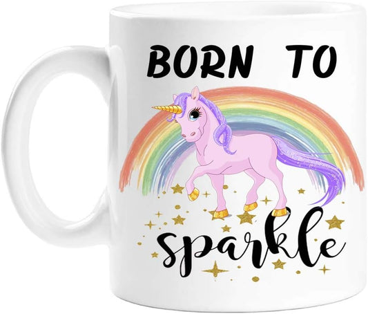 VIROSA Born to Sparkle Unicorn Mug – Cute and Funny Coffee Cup Gift for Girls, Teens, Women, Friends – Magical Birthday or Present – 11oz White Ceramic Mug with Unicorn Design