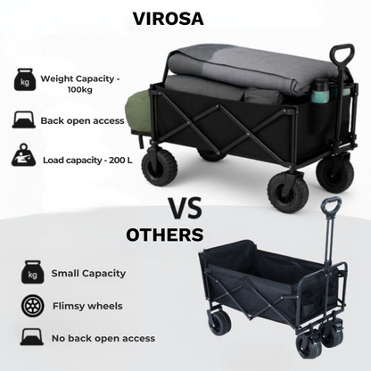 VIROSA 200L Wagon Trolley with Thick Tyres & Back Open Feature – Foldable Heavy Duty Outdoor Utility Cart for Camping, Gardening & Festivals