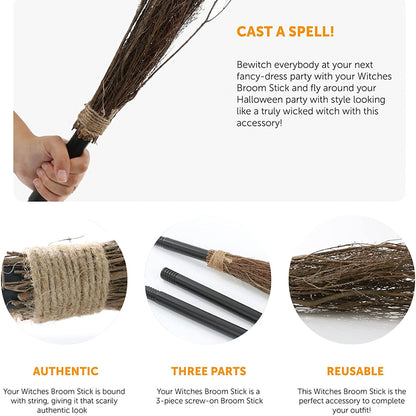 Evil Witch Broomstick: Large Lightweight Broomstick Perfect for Halloween Costume Parties, Fancy Dress, or Decorations for World Book Week Outfits