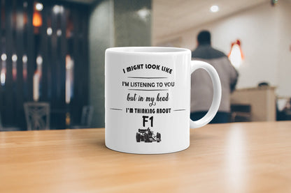 VIROSA F1 Mug – “In My Head I’m Thinking About F1” – 11oz Ceramic Coffee Cup – Gift for Formula One Fans – Motorsport Present
