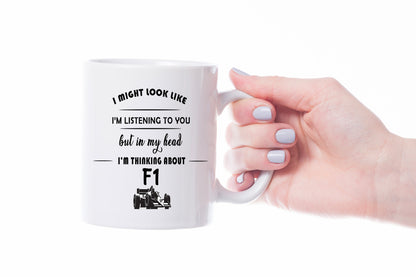 VIROSA F1 Mug – “In My Head I’m Thinking About F1” – 11oz Ceramic Coffee Cup – Gift for Formula One Fans – Motorsport Present