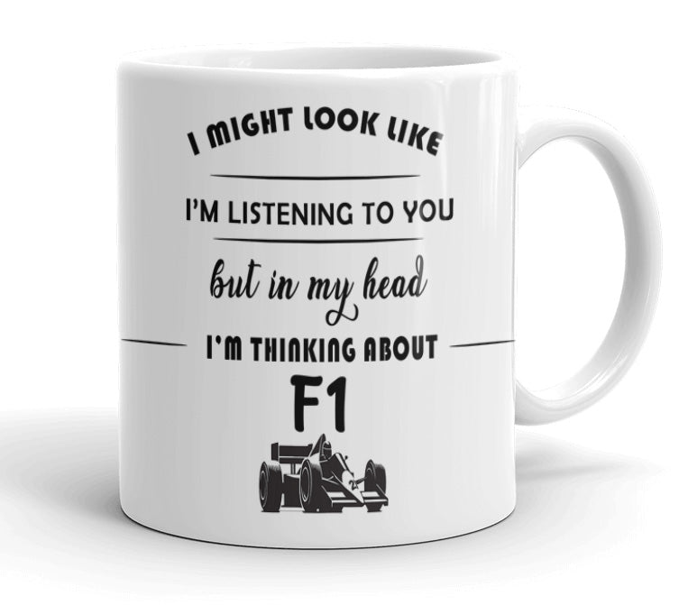 VIROSA F1 Mug – “In My Head I’m Thinking About F1” – 11oz Ceramic Coffee Cup – Gift for Formula One Fans – Motorsport Present