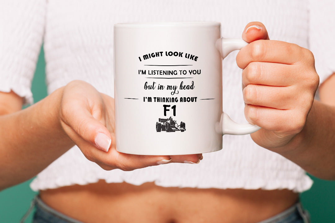 VIROSA F1 Mug – “In My Head I’m Thinking About F1” – 11oz Ceramic Coffee Cup – Gift for Formula One Fans – Motorsport Present