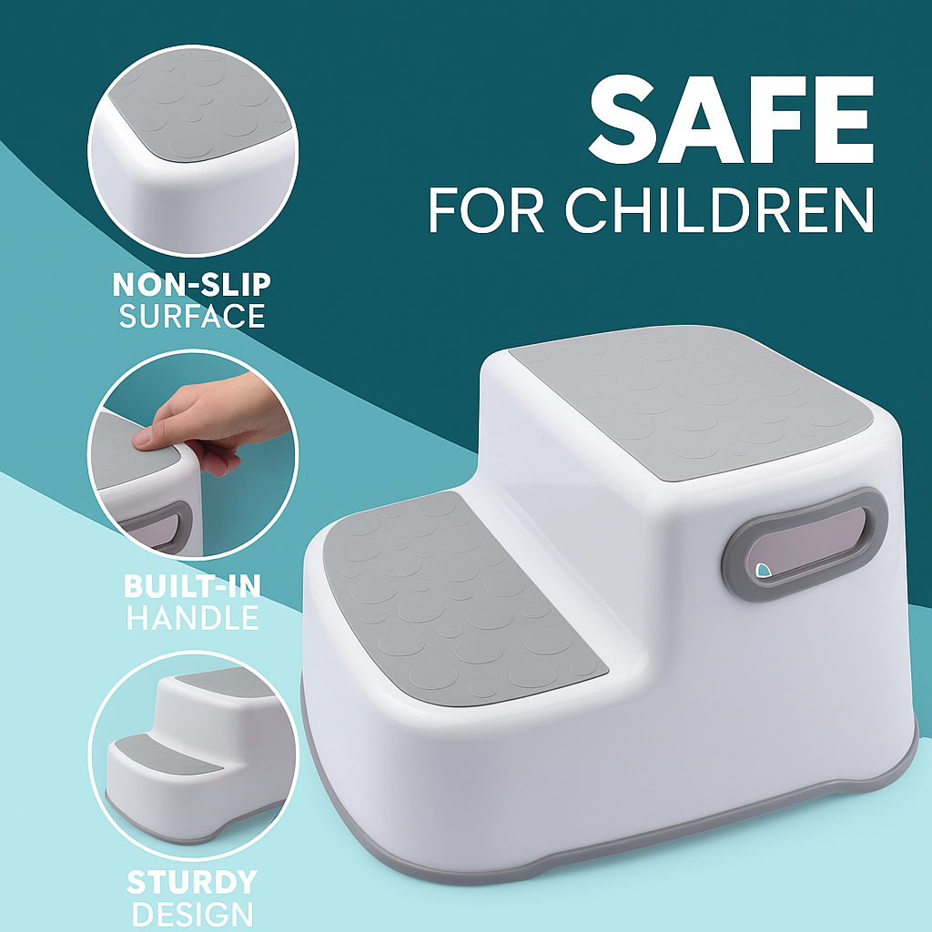 VIROSA Double Step Stool for Kids – Non-Slip 2 Step Toddler Stool with Handles – Sturdy & Safe for Potty Training, Bathroom & Kitchen – Lightweight, Durable Design (White)