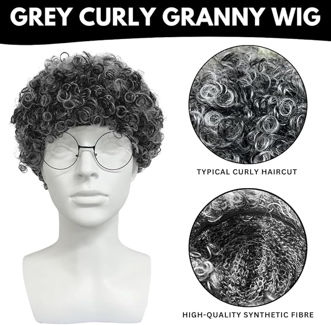 VIROSA Grey Curly Granny Wig and Glasses Set – Fancy Dress Costume Accessory for World Book Day, School Plays, Parties & Book Week Events